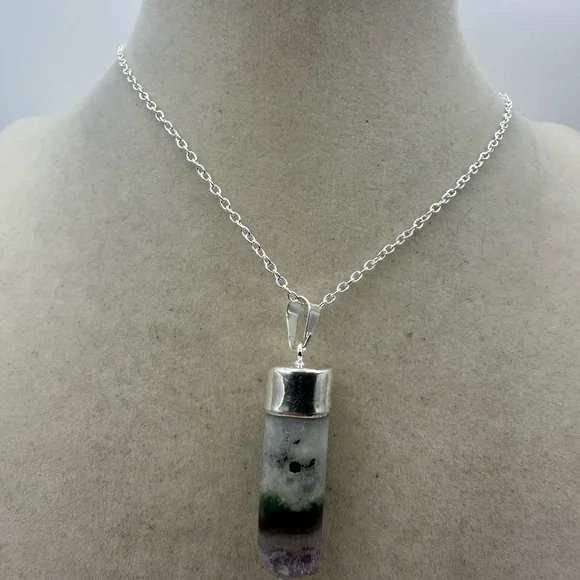 Amethyst and Agate Cylinder Pendant on Box Chain - Picture 3 of 11